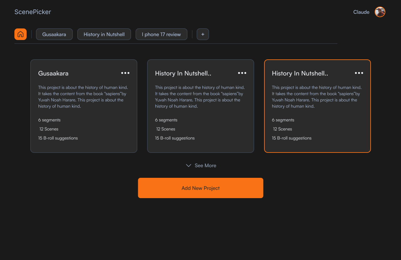 ScenePicker user interface showing a script analysis