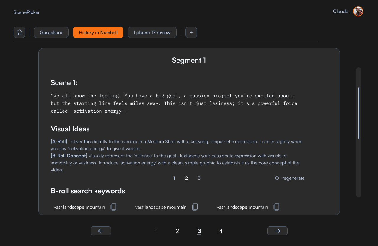 ScenePicker user interface showing B-roll search keywords